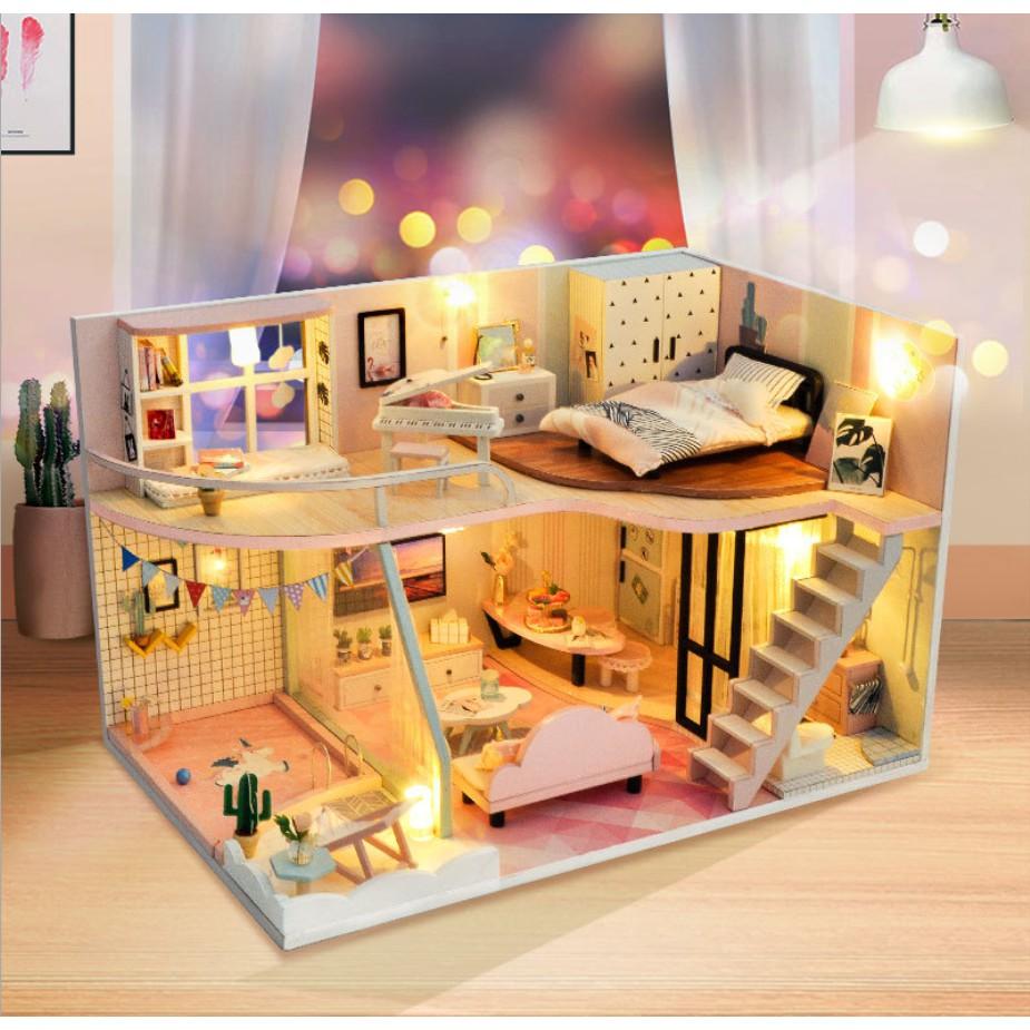KHO-HN * Mô hình nhà búp bê gỗ DIY - Kỉ niệm màu hồng - Picking Up A Ping Memory Time
