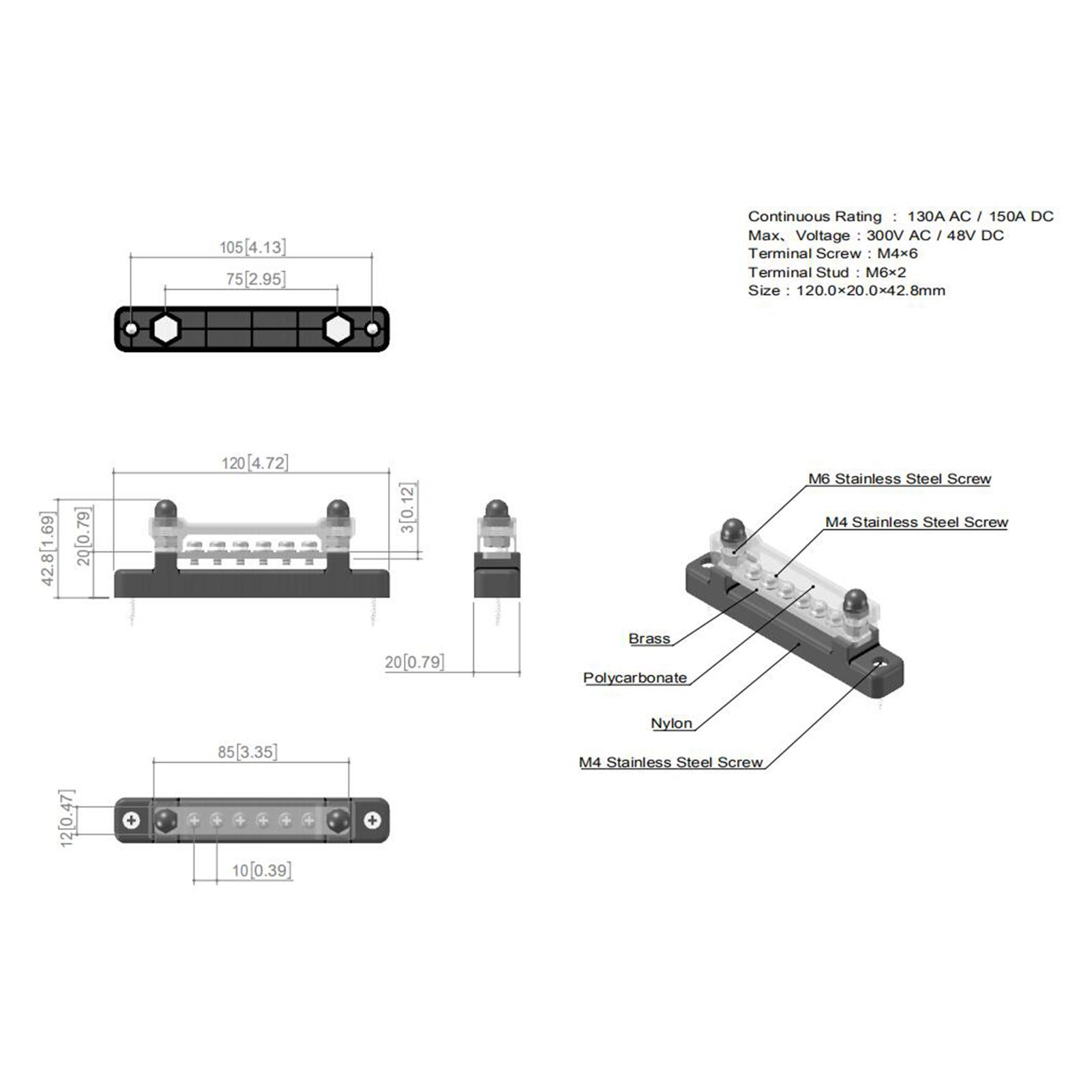 6 Terminal Single-row Bus Bar 150A BusBar Block with Cover, Ground Distribution, Power Distribution Terminal Block
