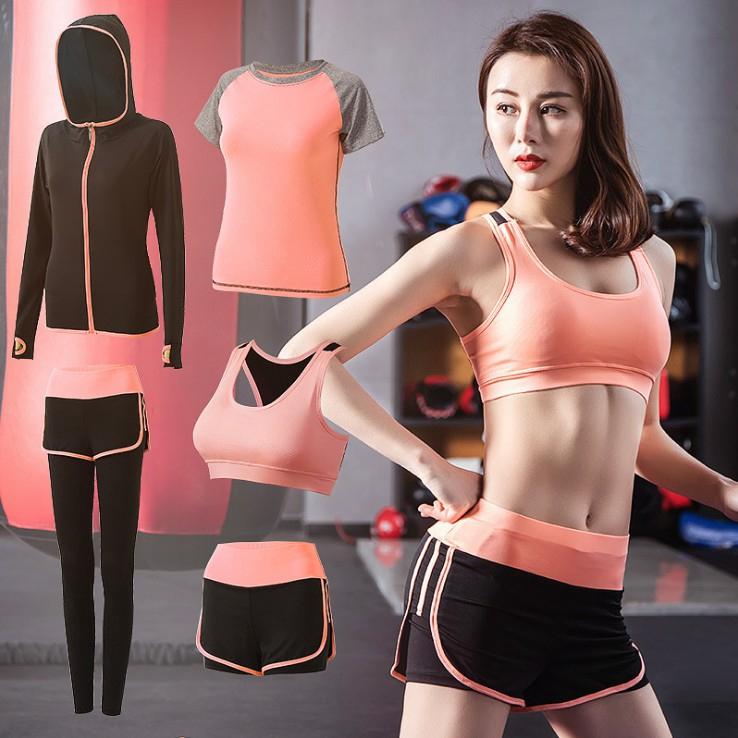 Bộ quần đùi + áo ngực + áo thun + quần lửng + áo khoác thể thao dành cho nữ