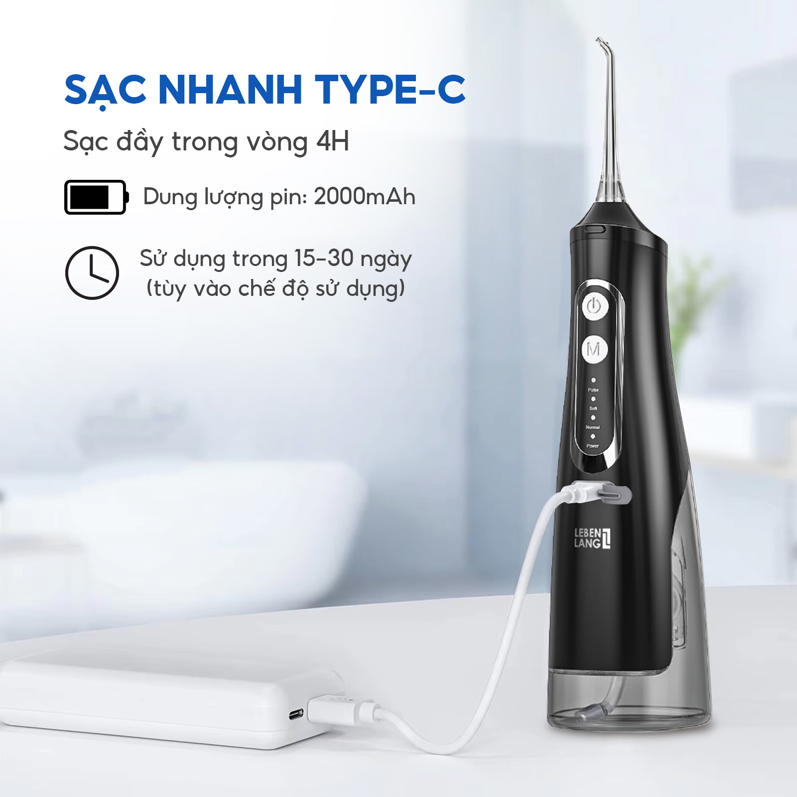 Máy tăm nước Lebenlang cầm tay LBT1488, 6W, chống thấm nước 2000mah, 310ml, tích hợp pin, bảo hành 2 năm - hàng chính hãng