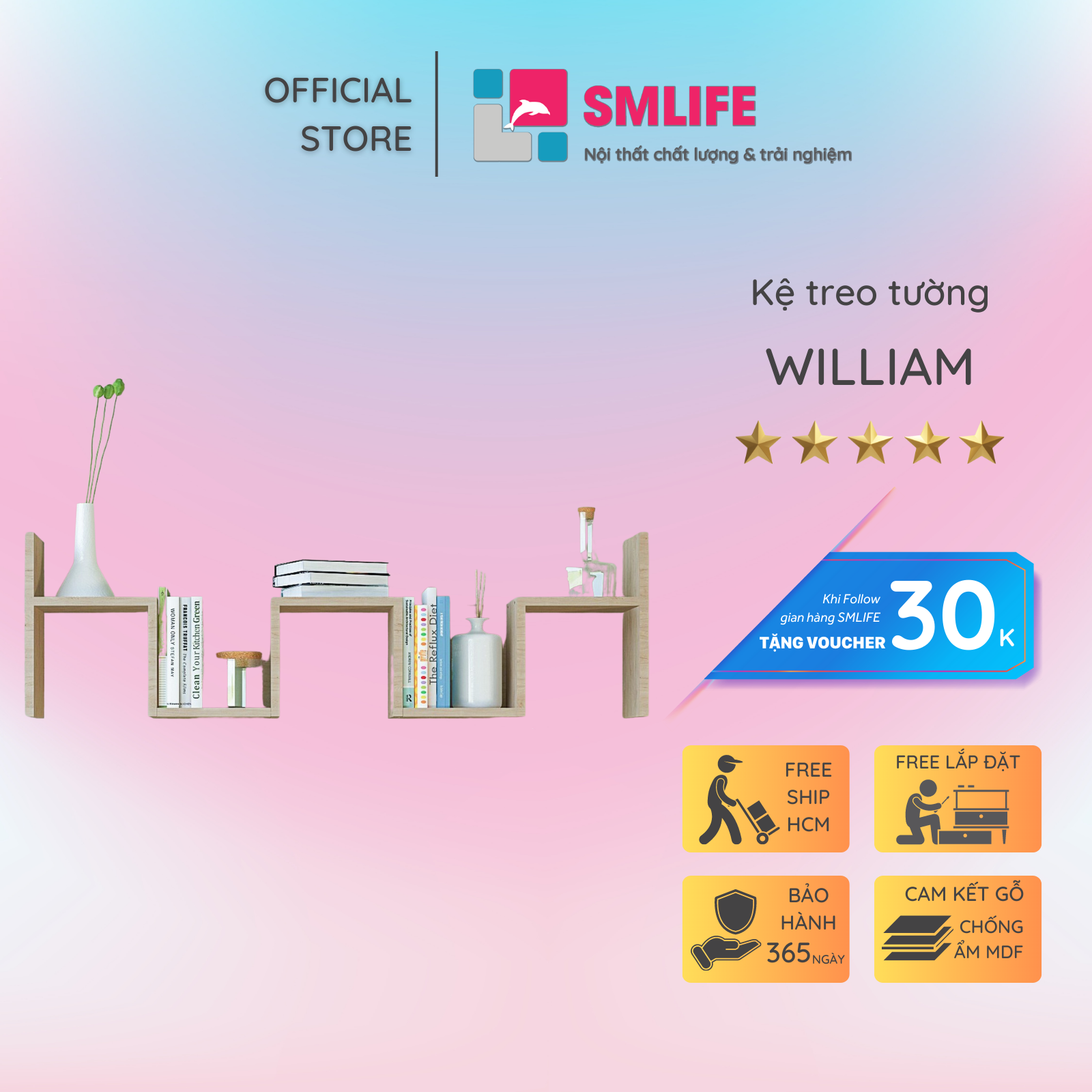 Kệ gỗ treo tường trang trí hiện đại SMLIFE William Gỗ MDF dày 17mm chống ẩm D120xR20xC35cm - Vân Sồi