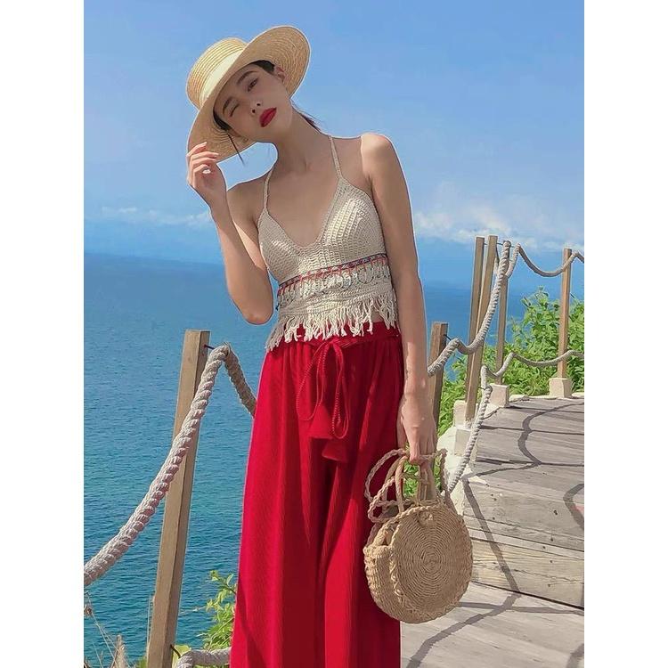 MS865 Áo hai dây đan móc đi biển cổ yếm đính cườm