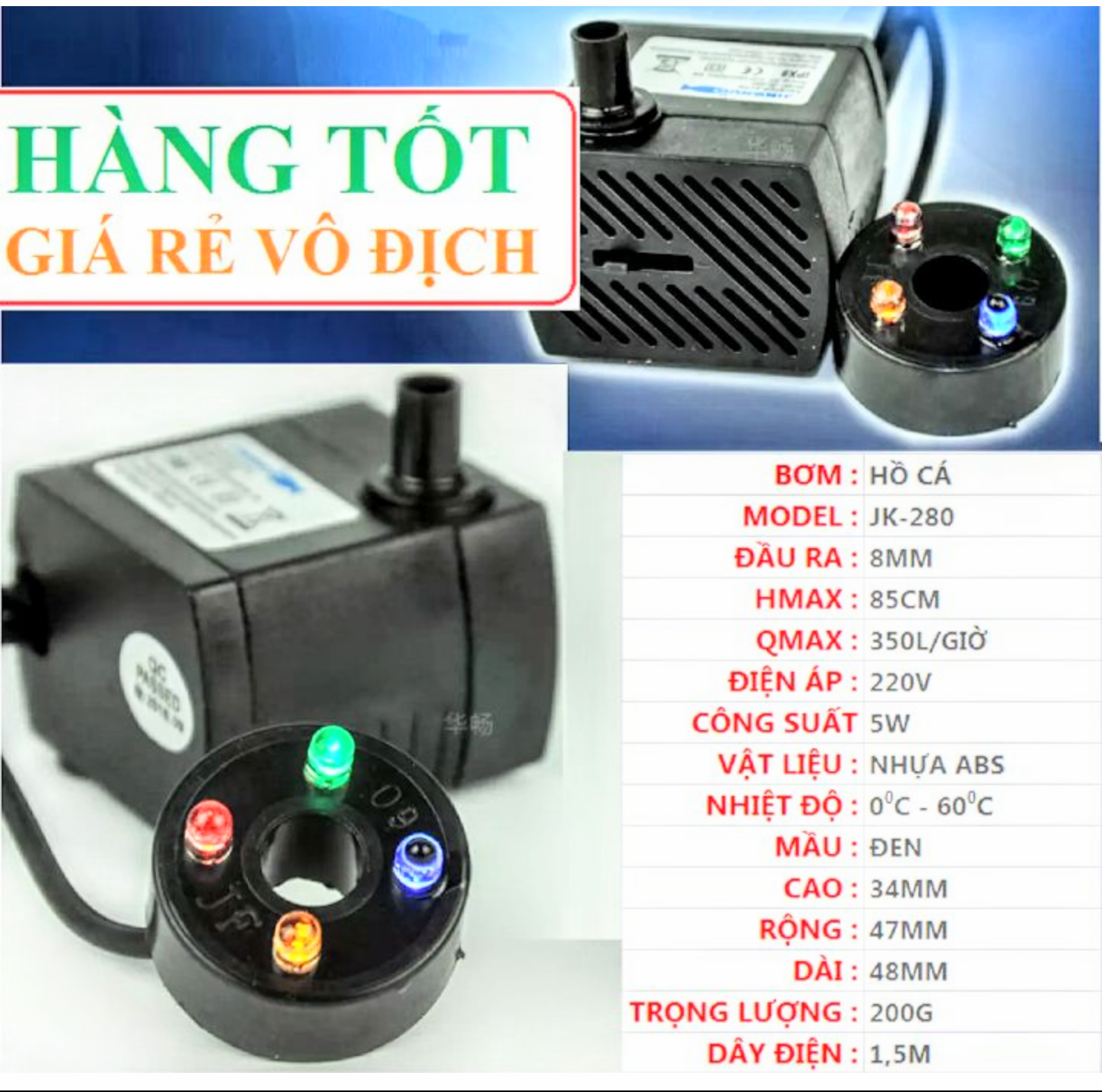 MÁY BƠM NƯỚC CHÌM CHO BỂ CÁ CẢNH CÓ ĐÈN LED NHẤP NHÁY NHIỀU MÀU CỰC ĐẸP HÀNG CHUẨN