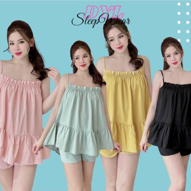 Đồ ngủ sexy 2 dây nhún lai dễ thương chất Latin mềm mịn áo có tăng đưa Freesize, Đồ bộ mặc nhà cao cấp sang trọng