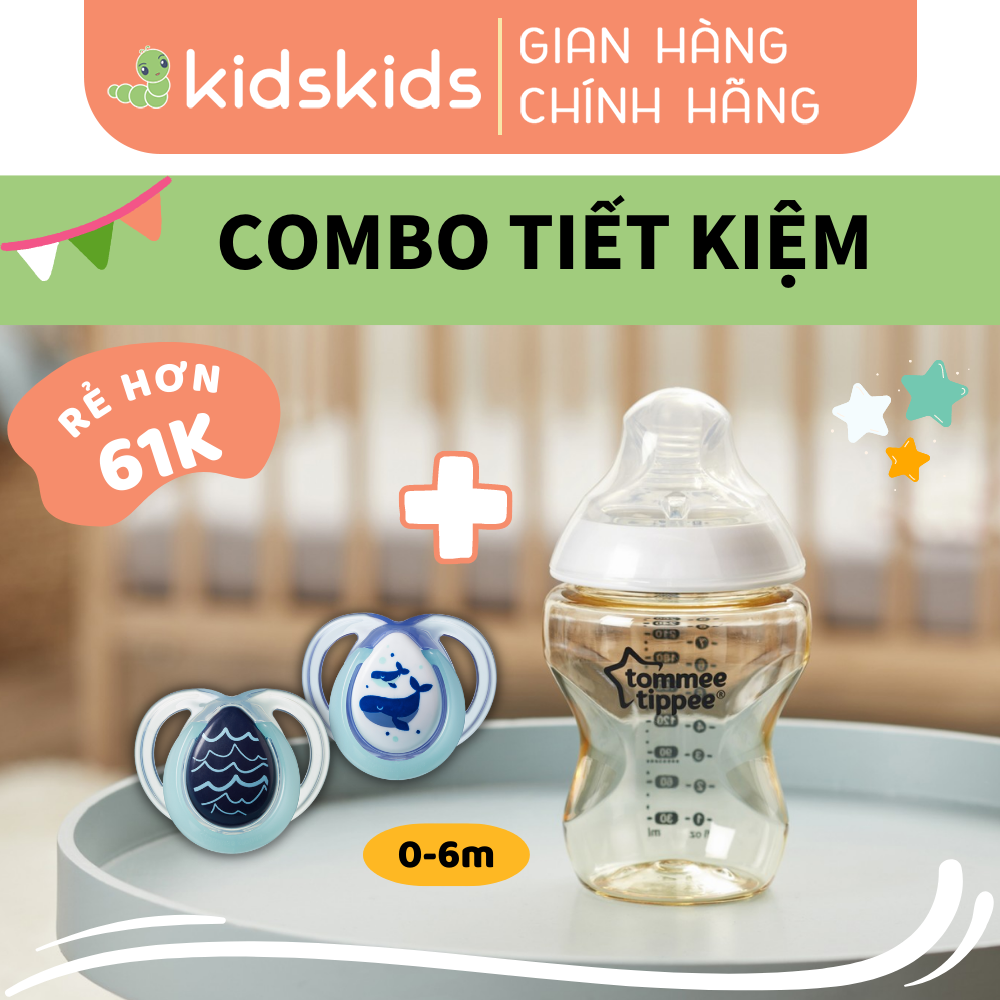 COMBO Ty Ngậm Dạ Quang Cho Bé Tommee Tippee Night Time 0-6m & Bình Sữa PPSU Ty Siêu Mềm Tự Nhiên 150ml