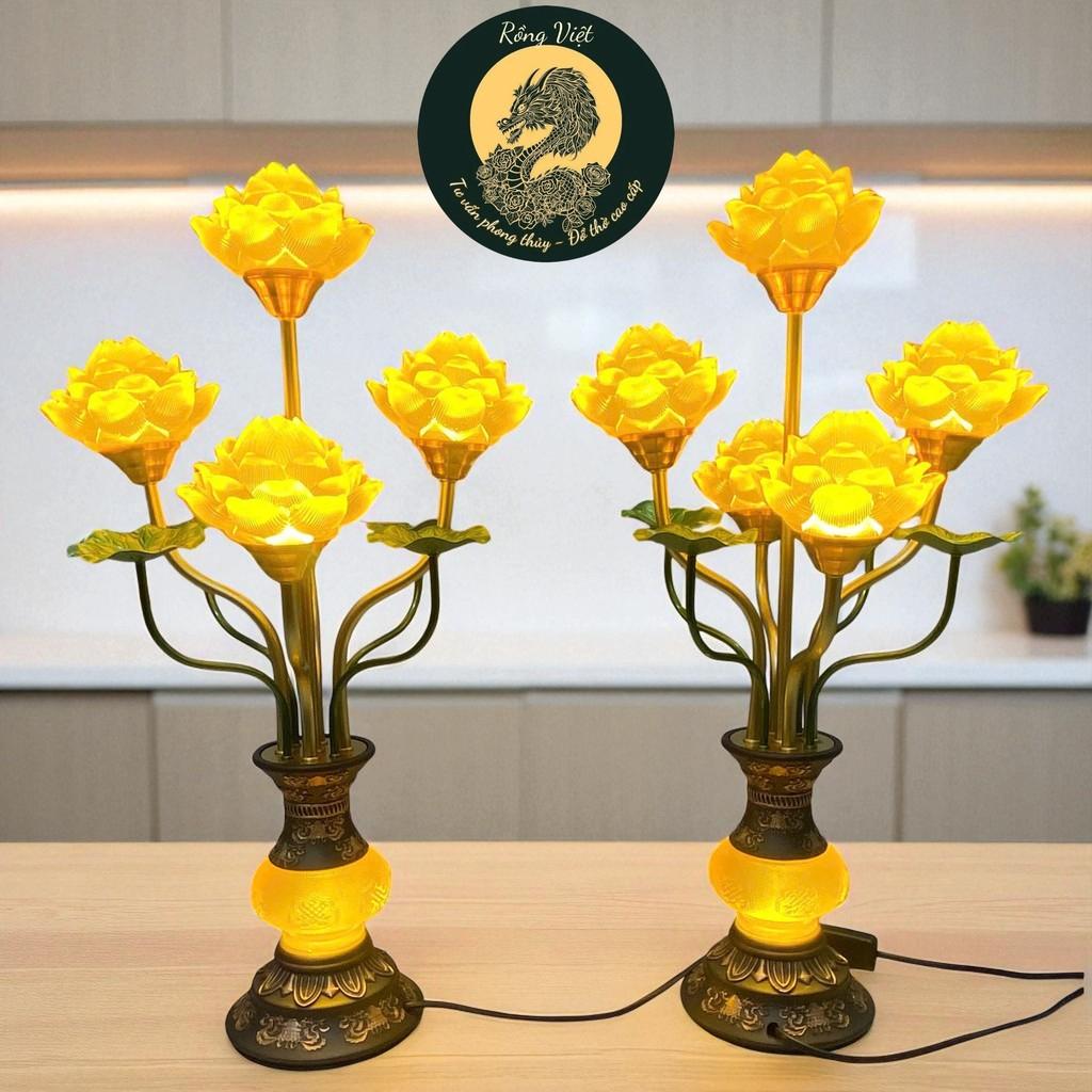 Đèn thờ 5 bông lưu ly RỒNG VIỆT - Thiết kế tinh xảo, thân đồng sắc nét, cho ban thờ thần tài.