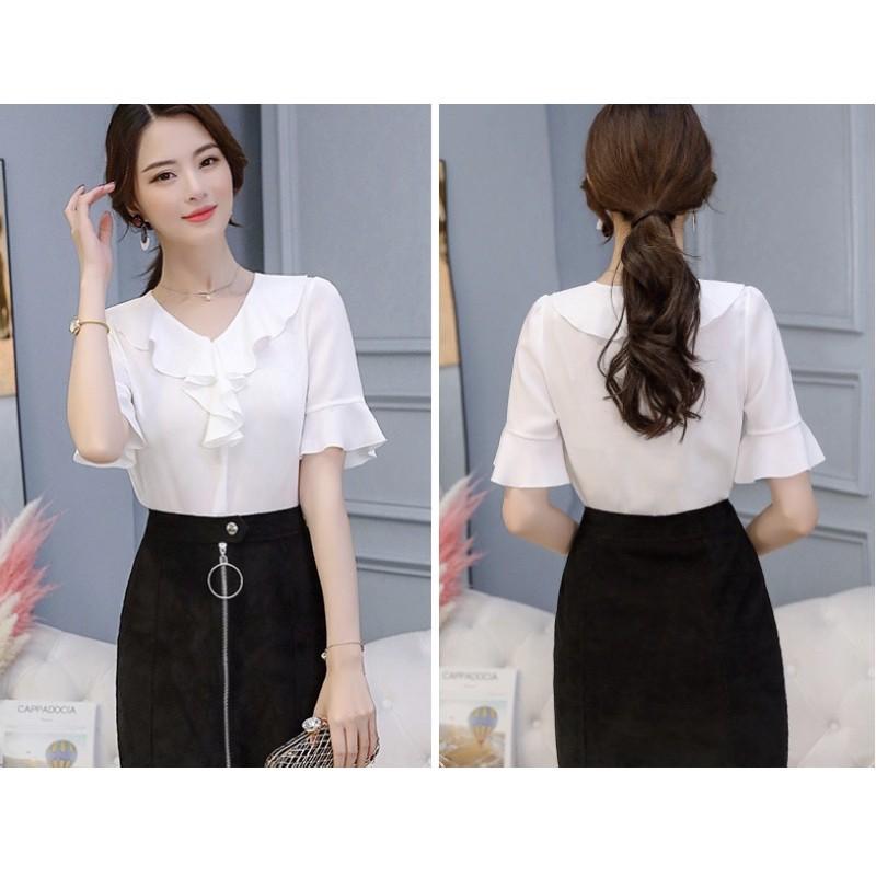 Áo sơ mi voan điệu đà nhẹ nhàng tay bèo cổ nơ công sở đi làm đi chơi  mẫu 2021