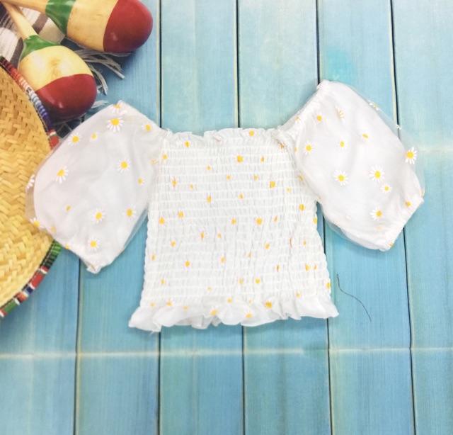 Áo kiểu nhún phối lưới in hoa cúc