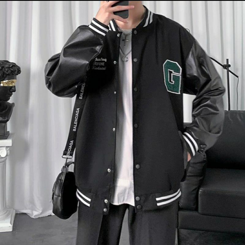Áo Khoác Bomber Chữ G Áo Nỉ Tay Da Chữ Thêu Nam Nữ