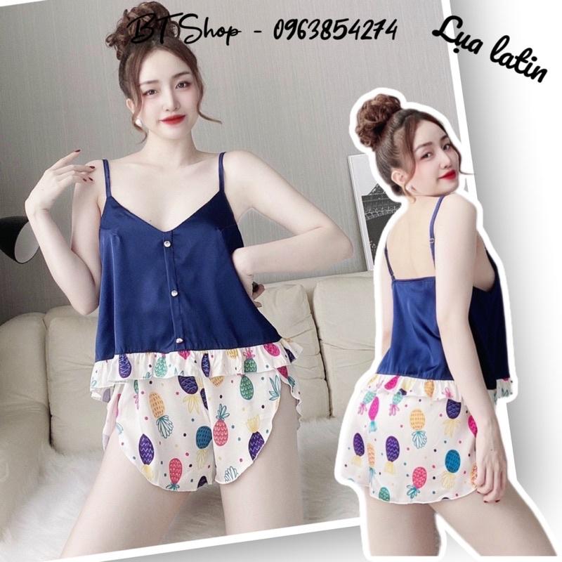 Đồ ngủ mặc nhà lụa latin hoạ tiết quần đùi freesize 42-57kg