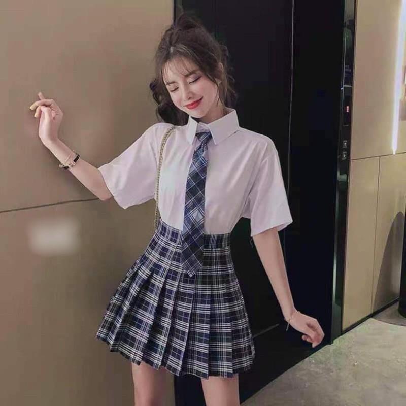 SET CHÂN VÁY KẺ KÈM ÁO SƠ MI