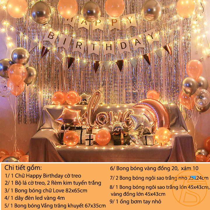 Bộ trang trí sinh nhật happy birthday chữ love có đèn led 801- Sét bong bóng trang trí tiệc dễ thương
