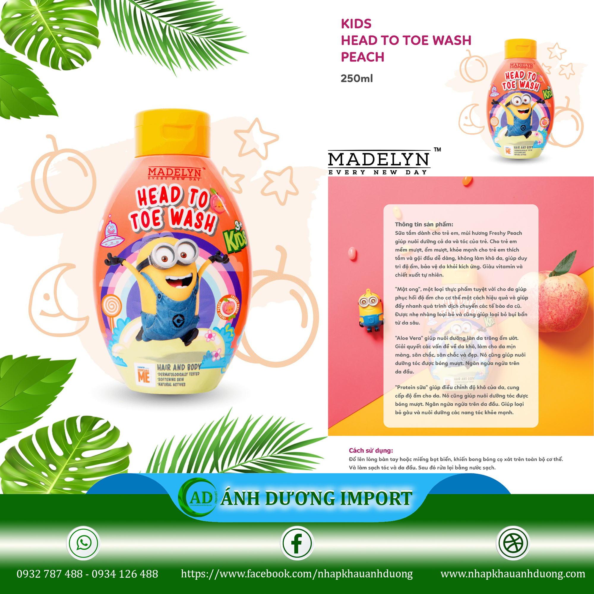 Tắm Gội Toàn Thân Hương Đào Tươi Dành Cho Trẻ Em - MADELYN MINION KIDS HEAD TO TOE WASH PEACH 250ml