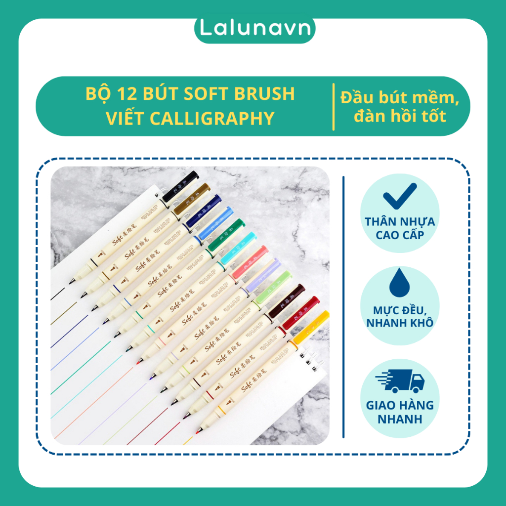 Combo 12 bút brush Soft viết calligraphy màu pastel trang trí sổ Bullet Journal Lalunavn - A71