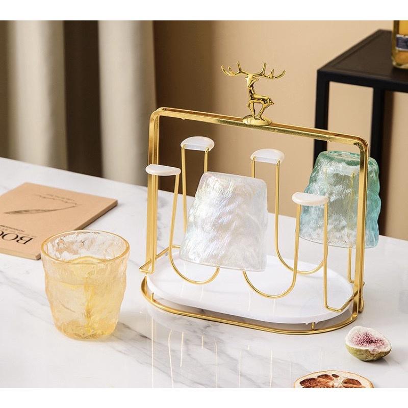 Khay úp cốc đầu hươu mạ vàng kèm khay hứng, úp cốc decor phong cách bắc Âu