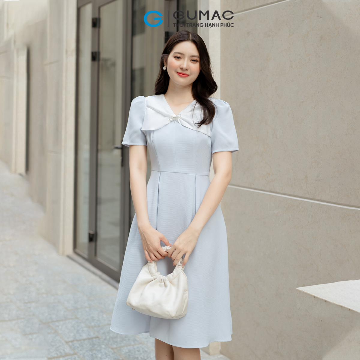 Đầm A cổ phối nơ GUMAC DD05043