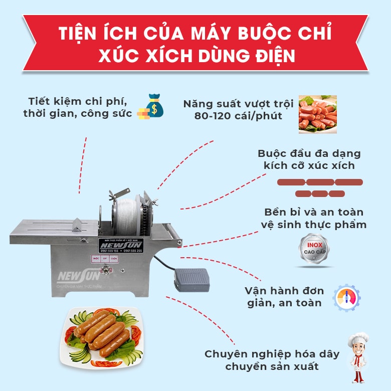 Máy buộc chỉ xúc xích dùng điện Việt Nam năng suất buộc 80-120 cái/phút - Hàng chính hãng