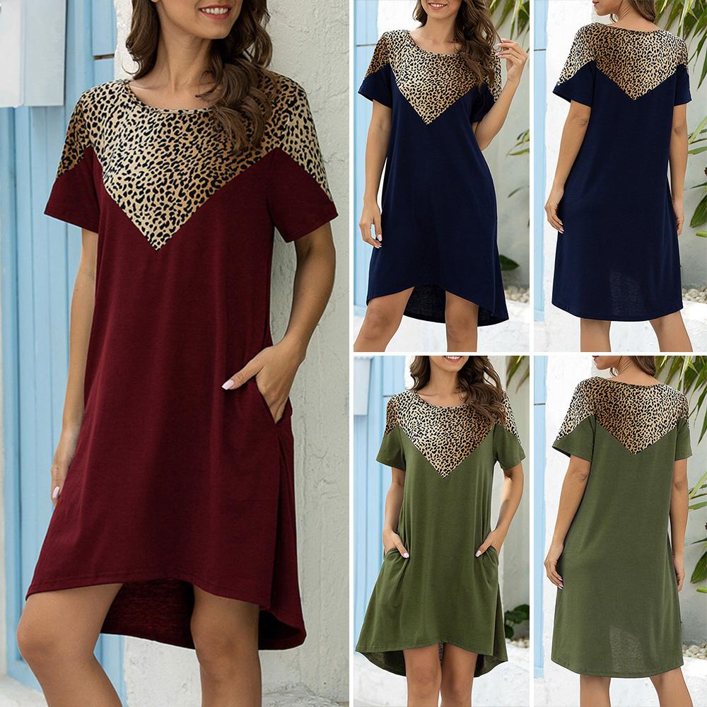 Women Leopard Print Dress Splicing Loose A-Line Short Sleeve O-Neck Mini Dress with Pockets Casual Summer Spring Holiday