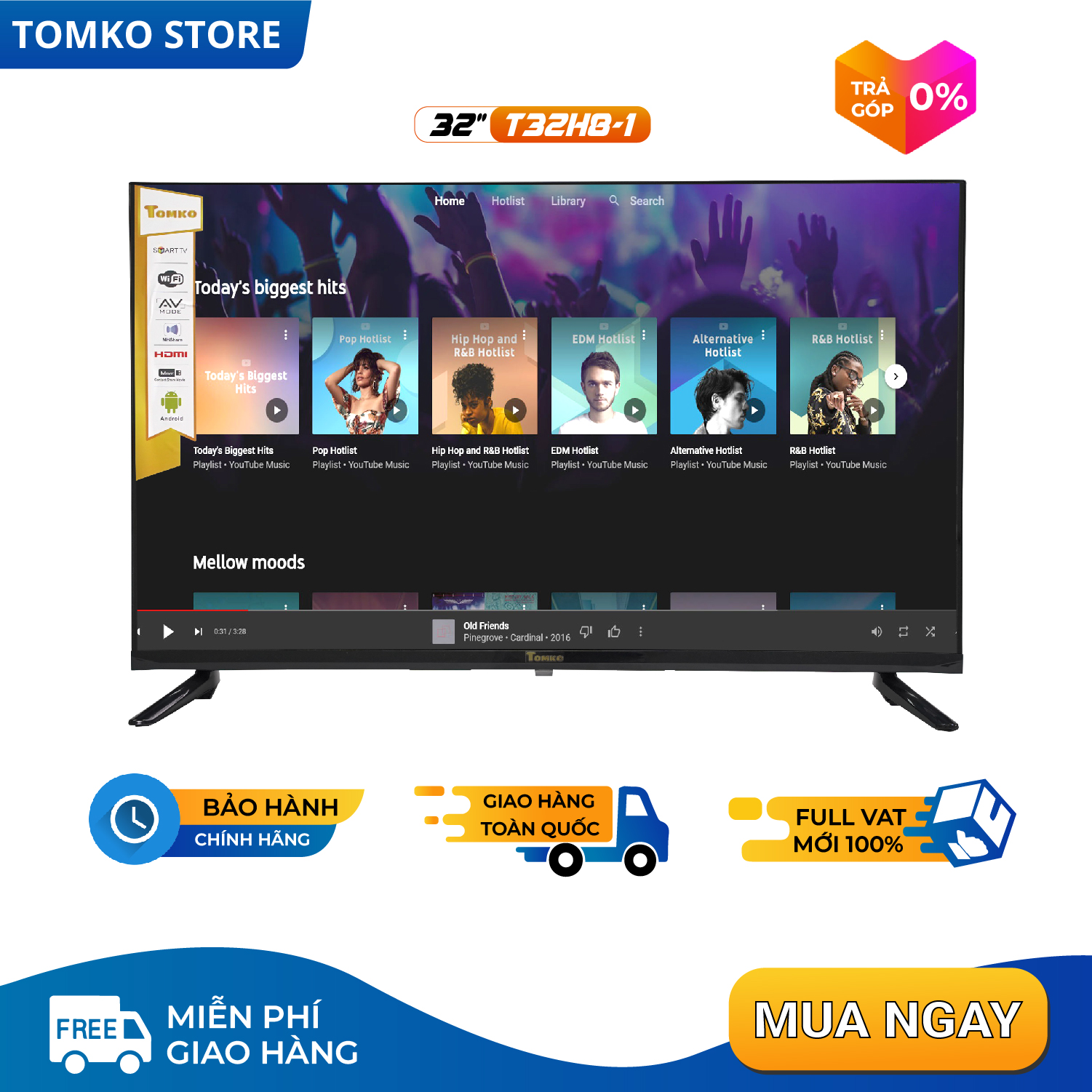 Smart HD Tivi TOMKO 32 inch, chính hãng TOMKO Hàng chính hãng bảo hành đến 24 tháng