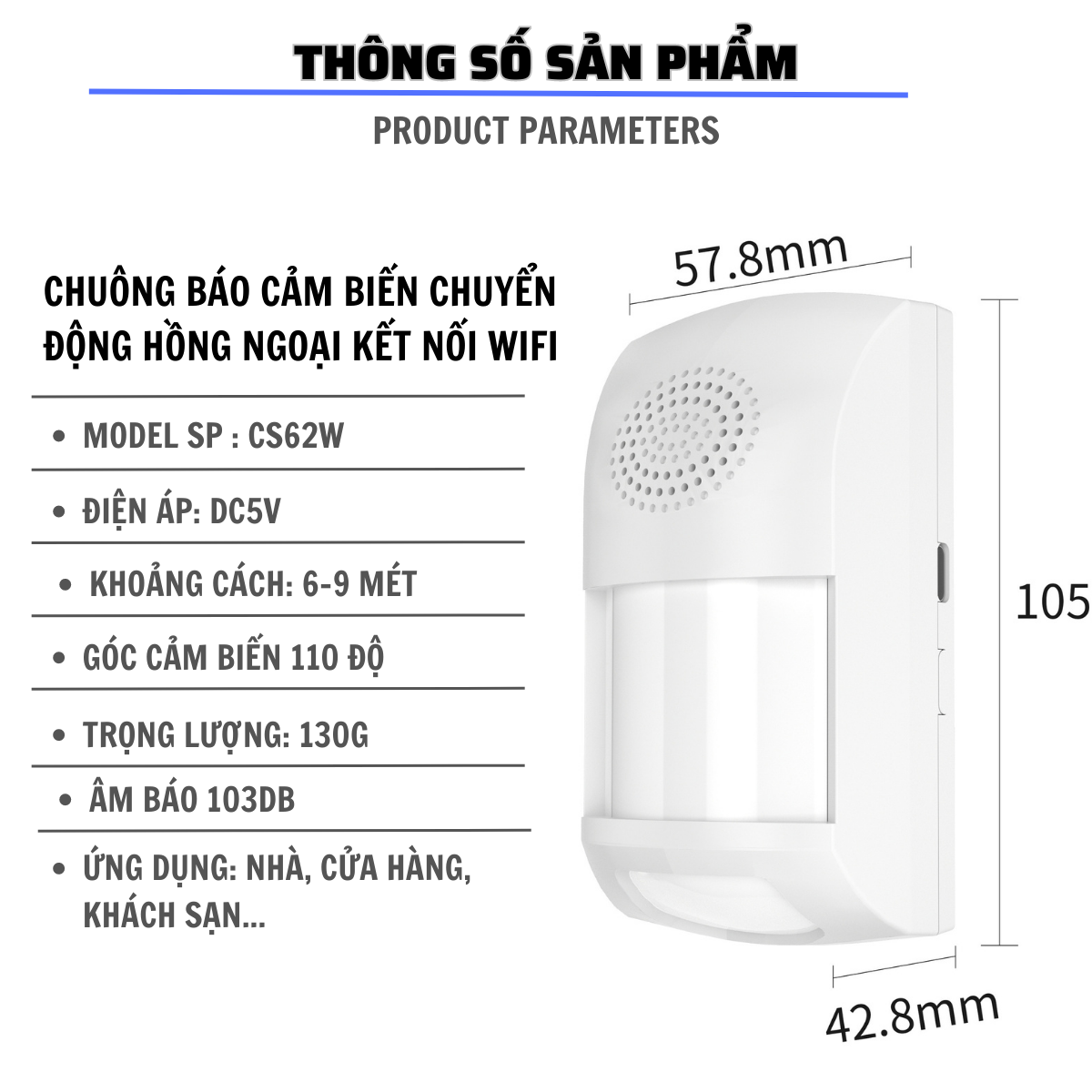 Chuông báo động chống trộm cảm biến hồng ngoại kết nối wifi CTFAST CS62W - Điều khiển từ xa qua app, âm báo 110 dB ,2 vùng cảm biến, 4 chế độ báo động thông minh - Hàng chính hãng