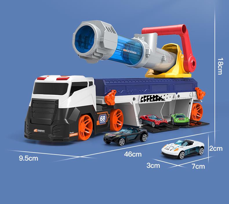 Đồ chơi ô tô tải vận chuyển cỡ lớn có nòng bắn bóng siêu mạnh kèm nhiều ô tô hợp kim có hiệu ứng đèn, nhạc cho bé