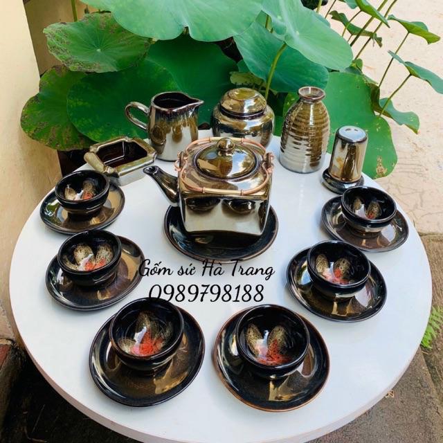 Bộ ấm chén Bát Tràng cao cấp không chì men hoả biến lòng hoa ấm vuông quai đồng dung tích 450ml