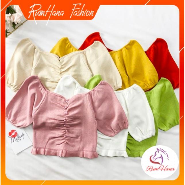 Áo len mông ngắn tay kiểu trễ vai mix hàng cúc tròn H86 RumHana
