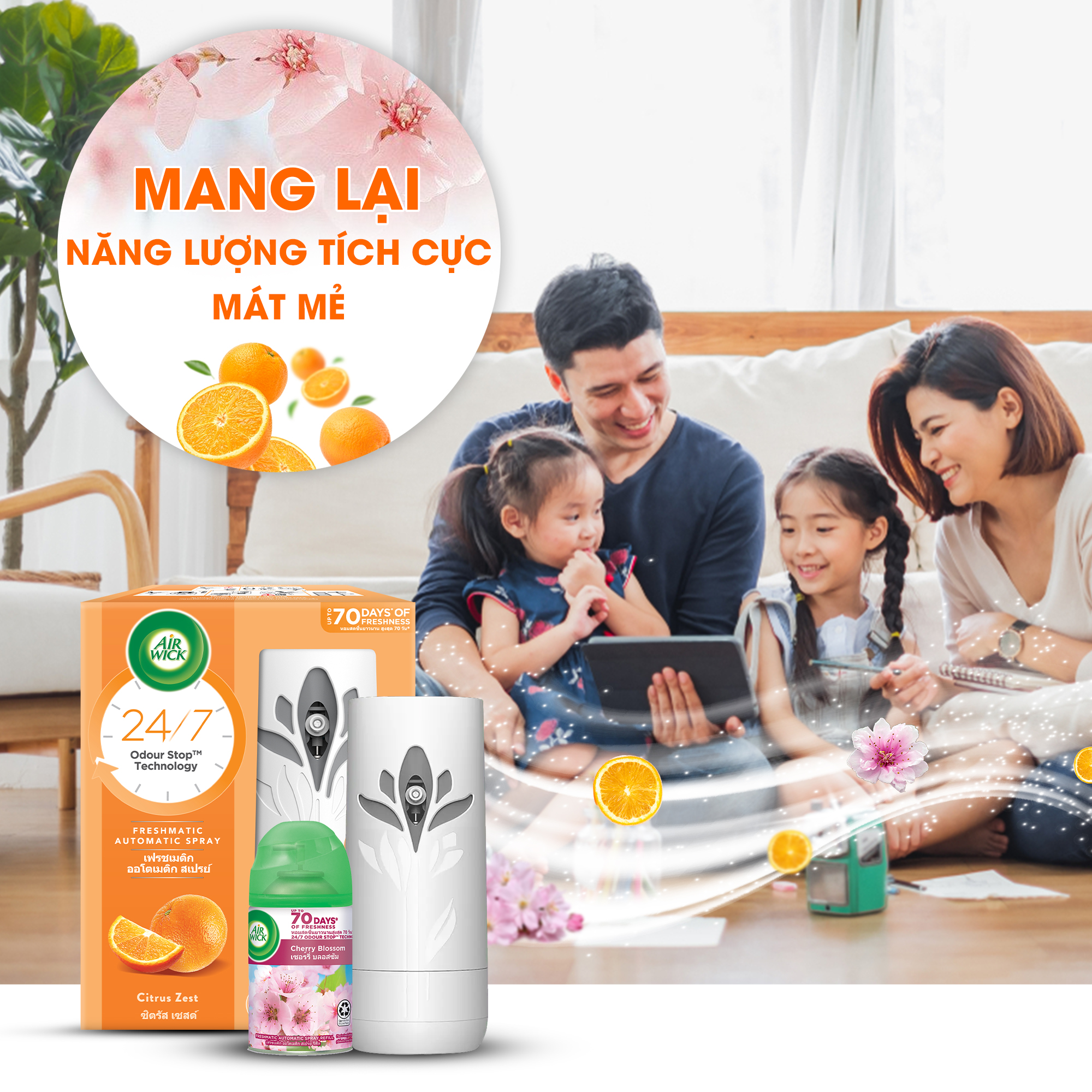 Bộ máy xịt phòng tự động Air Wick Cam quýt + Lõi hoa anh đào, “phủ” đa tầng hương cho không gian sống, 250ml