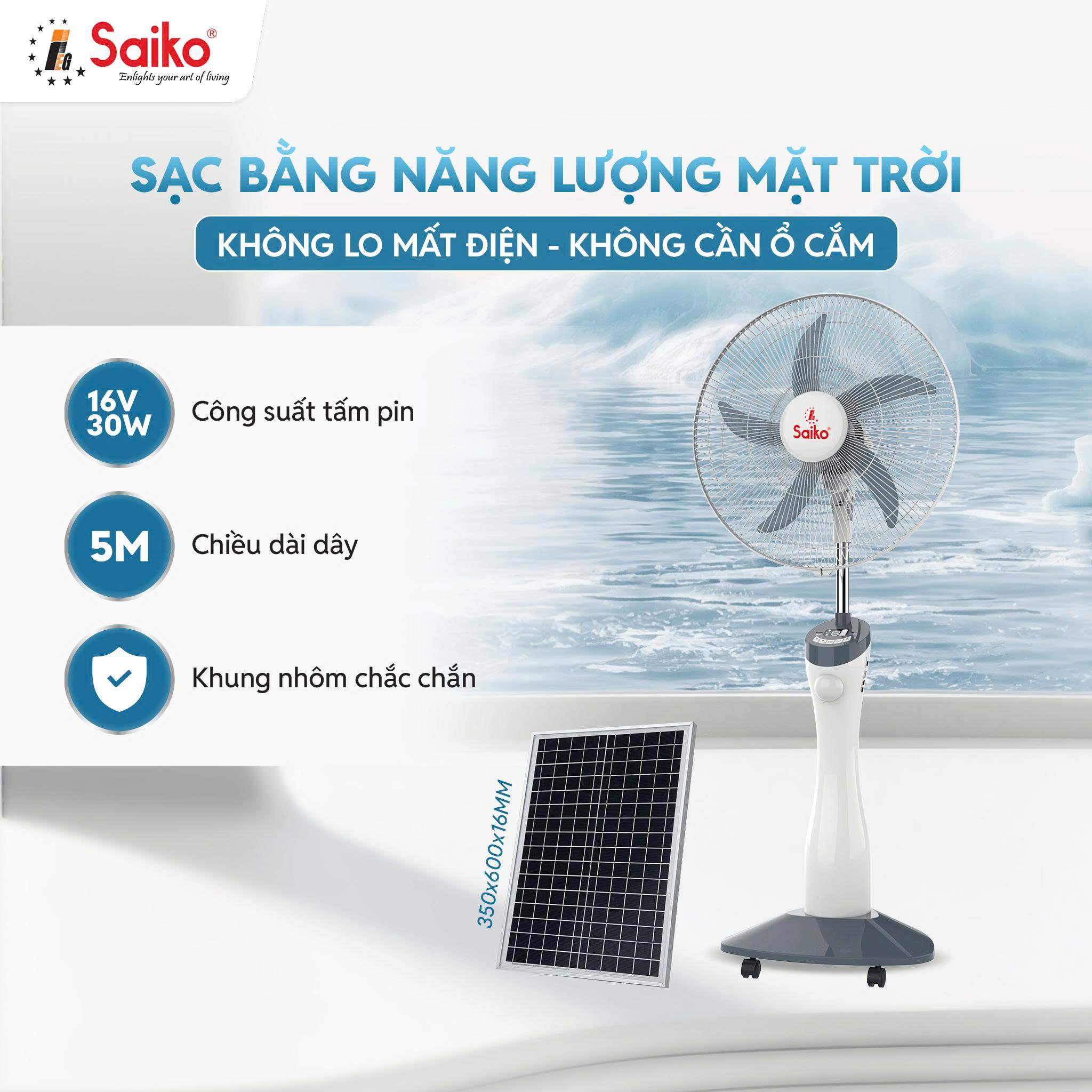 Quạt Sạc Tích Điện Năng Lượng Mặt Trời Saiko RF-818A hàng chính hãng
