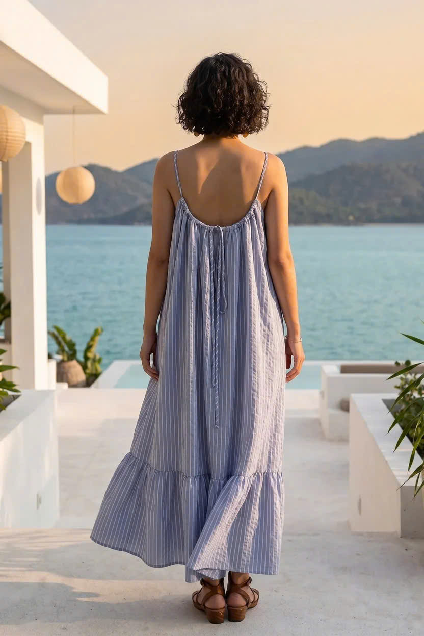 Đầm Maxi Hở Lưng Cotton Sọc Xanh Biển Vân Hy Dre217 Thời trang Hity