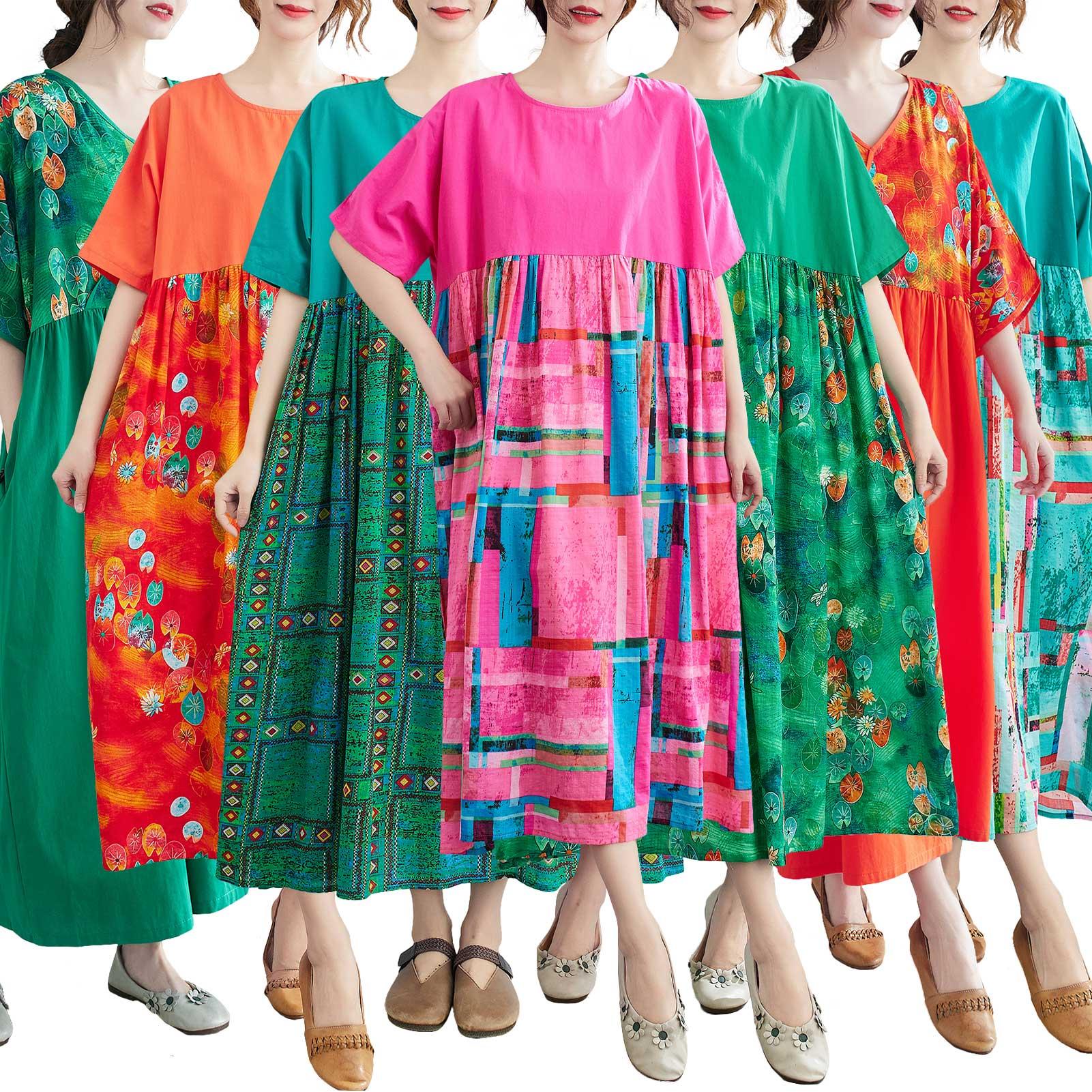 Vintage Women Cotton Linen Dress Print Splicing V Neck Wrapover Short Sleeve Pocket Casual Loose Oversized Maxi Dress