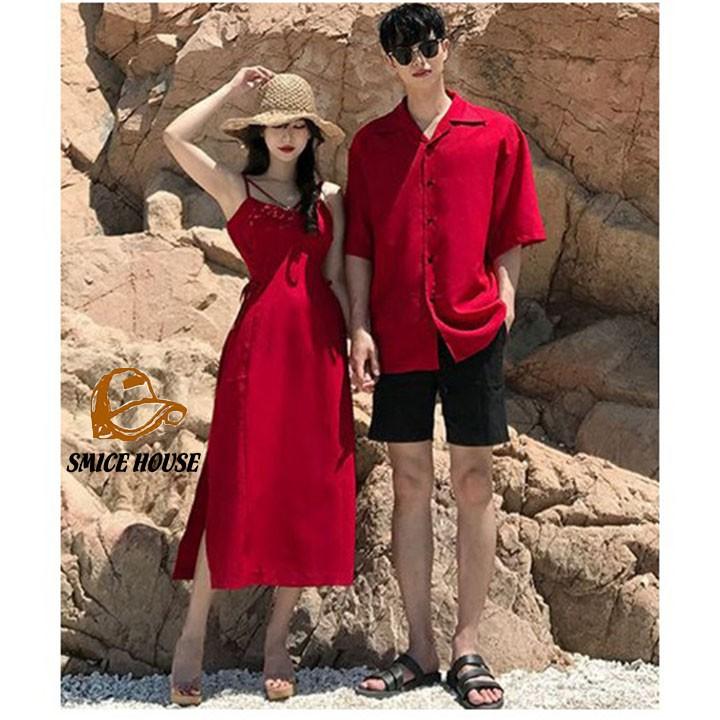 SET ĐỒ ĐÔI NAM NỮ, ÁO CẶP SƠ MI ĐẦM HAI DÂY ĐI BIỂN PHONG CÁCH HÀN QUỐC
