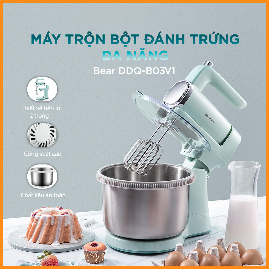 Máy Trộn Bột Đánh Trứng / Kem Đa Chức Năng Bear 9 Cấp Độ, Dung Tích 4L, Công Xuất 300W - Hàng Chính Hãng