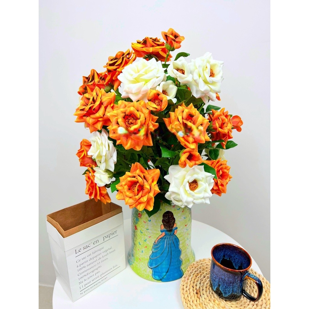 Bình hoa hồng xoăn giả - Cây giả, hoa lụa Decor trang trí nhà cửa