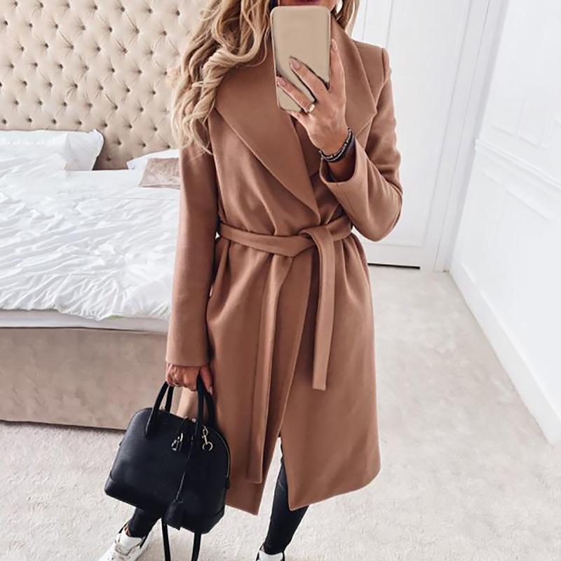 Cổ Điển Thu Áo Khoác Dài Turndown Cổ Áo Dài Nữ Thu Đông Áo Khoác Thời Trang Áo Gió Nữ Áo Khoác Ngoài Dây Rời Cashmere