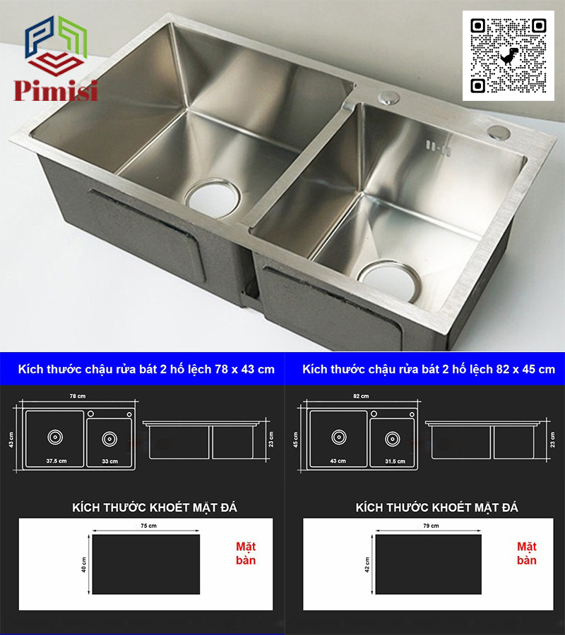 Chậu rửa chén bát inox 304 Pimisi đúc 2 hốc lệch, kích thước bồn rửa bát 78 x 43 - 82 x 45 cm làm từ thép không gỉ sus 304 đầy đủ xi phông loại to và kèm rổ đựng đồ dùng để rửa chén bát gắn được cả âm - dương bàn đá bếp | Hàng chính hãng