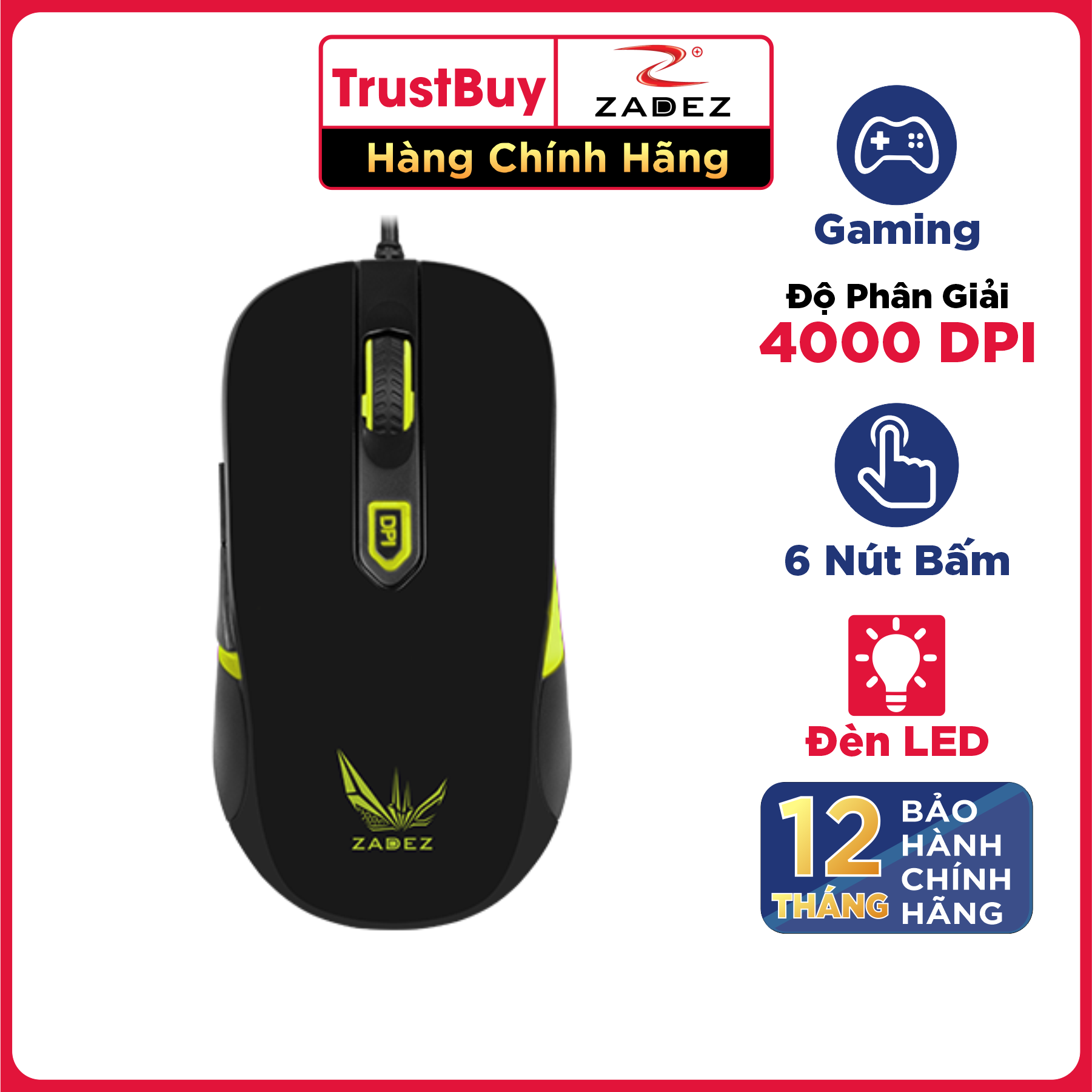 Chuột Gaming ZADEZ GT613M 4000DPI, 5 Mức DPI, 6 Phím Chức Năng, Đèn LED 4 Màu - Hàng Chính Hãng