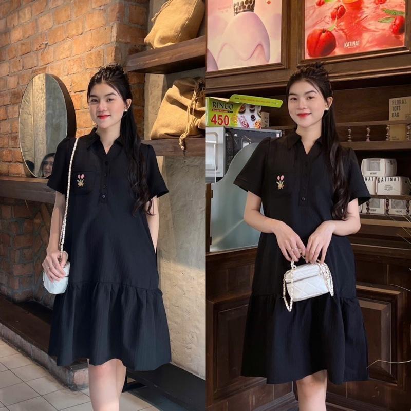 Đầm Bầu Công Sở Cổ Sơ Mi Phối Túi Thêu Phom Đuôi Cá Dễ Thương - Xanh sọc