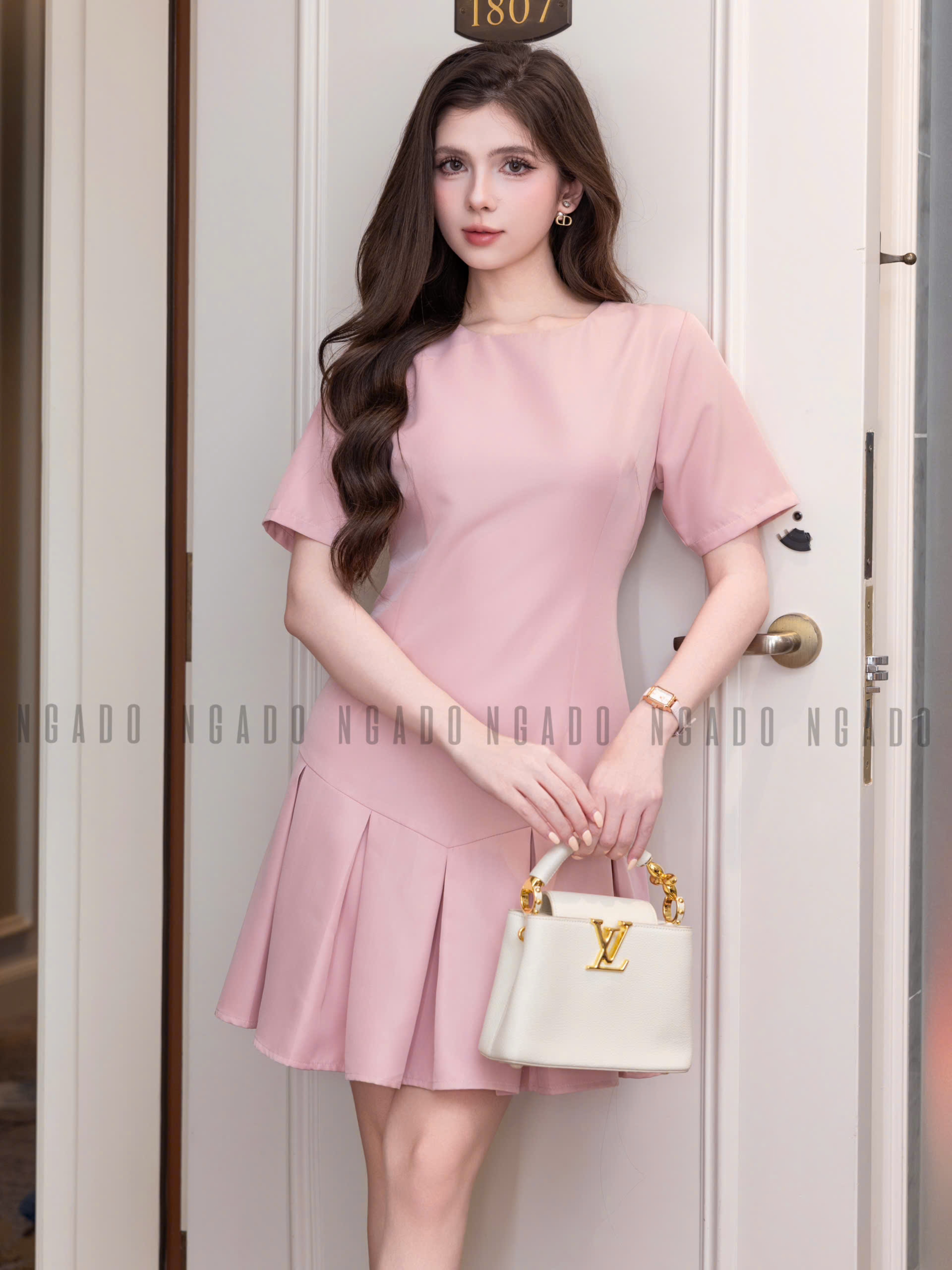 Đầm hồng suông dập ly NGADO , đầm suông , đầm kiểu Nữ , đầm công sở, dự tiệc