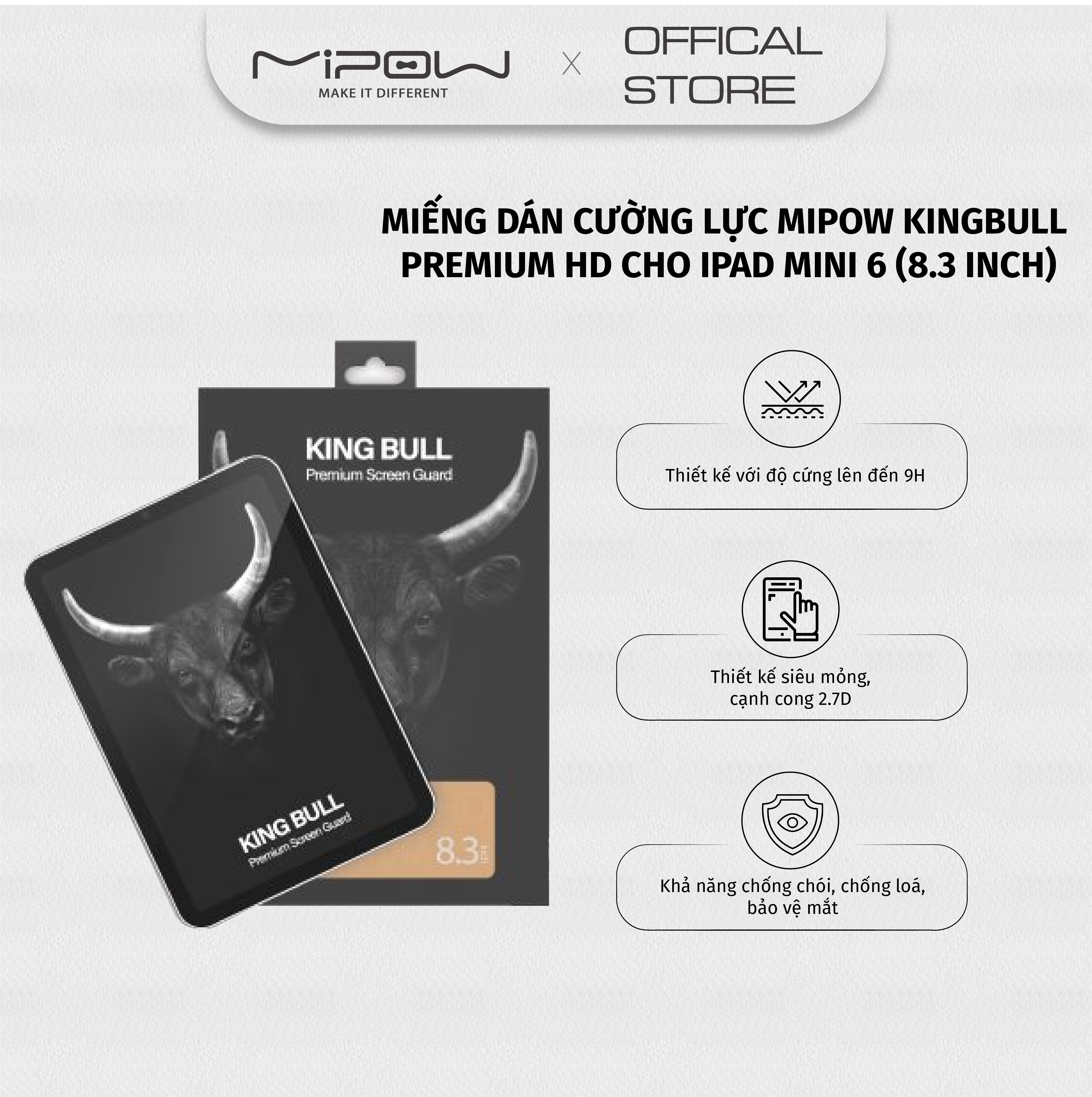 MIẾNG DÁN CƯỜNG LỰC MIPOW KINGBULL PREMIUM HD (2.7D) CHO IPAD MINI 6 - hàng chính hãng