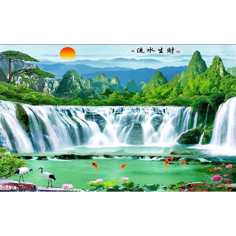 Tranh dán tường 3D thác nước sơn thủy