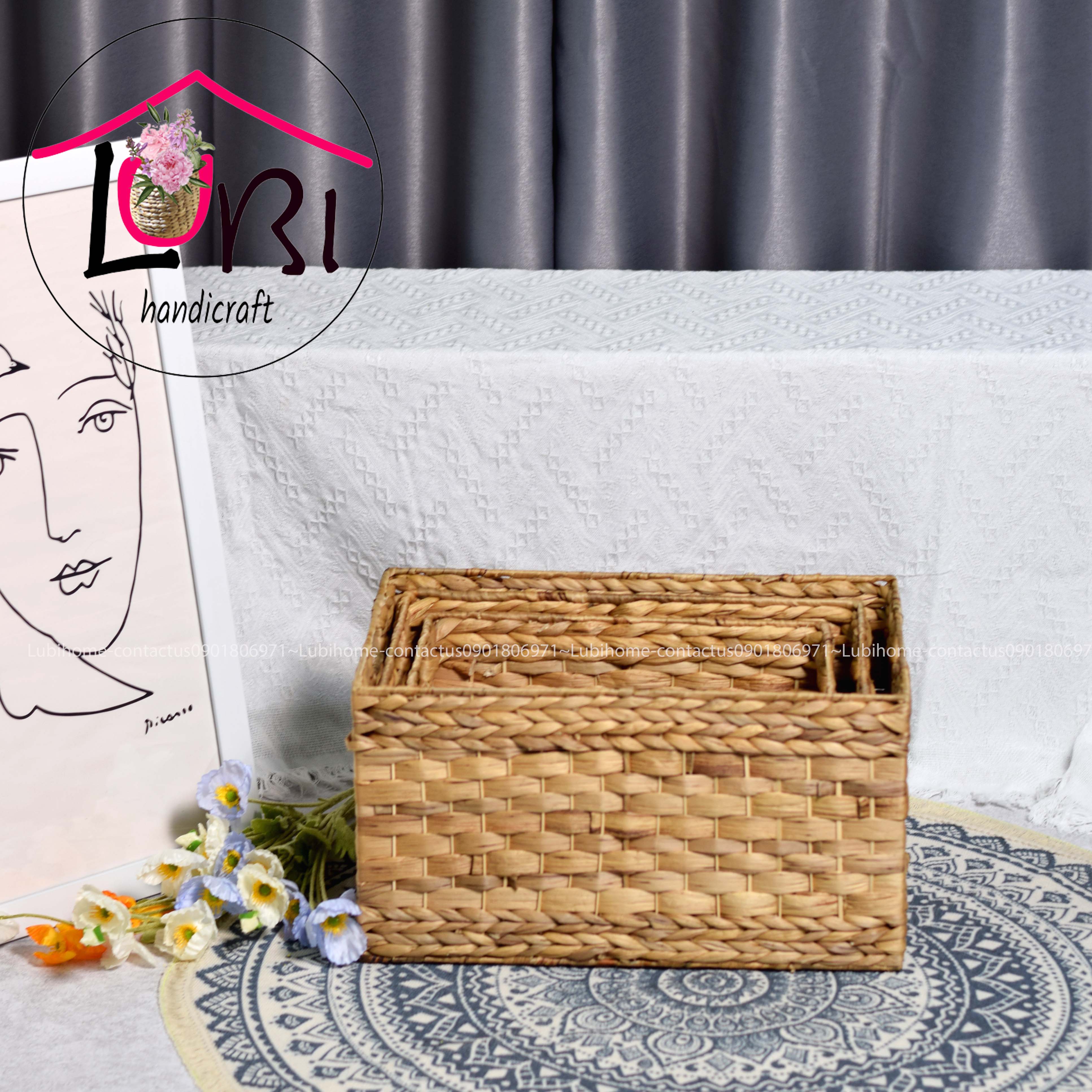 Lubihandicraft - Sọt đựng đồ lục bình hình chữ nhật bộ 3 - đơn giản, xinh xắn
