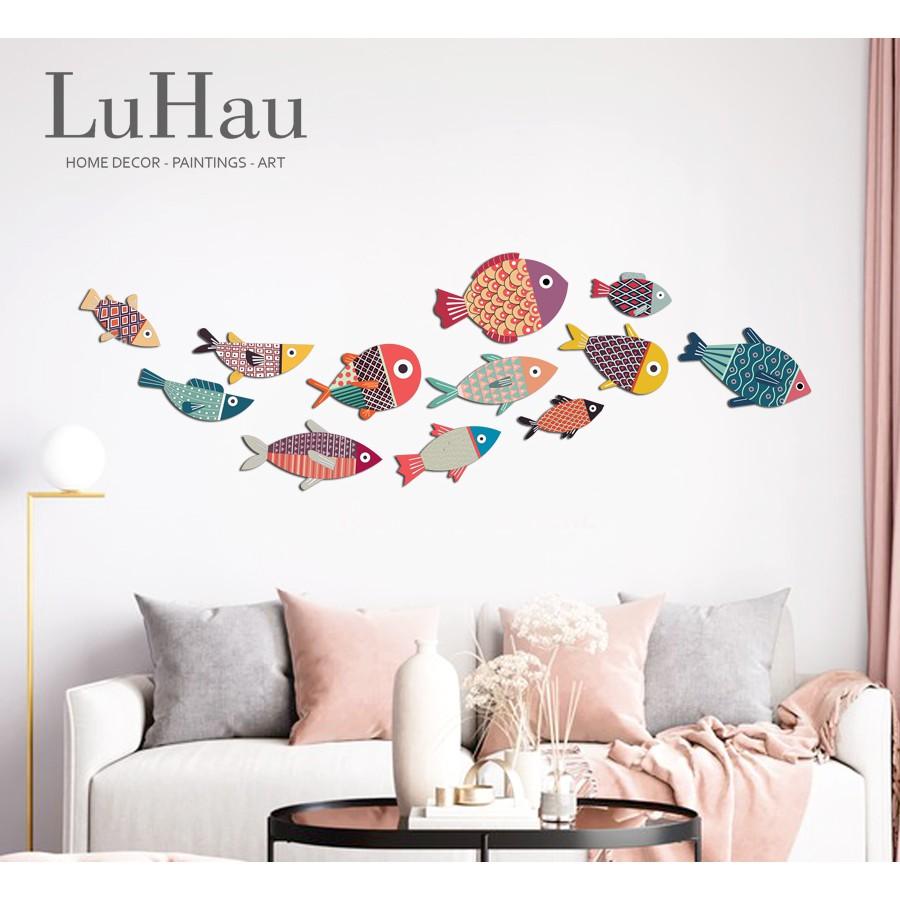 Set tranh Luhau Cá decor dán tường Color Fishes 12 bé cá xinh treo tường trang trí