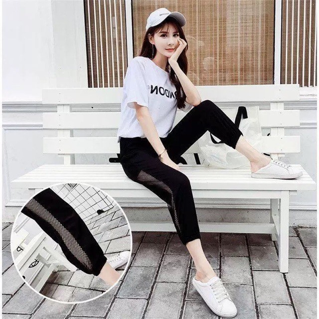 Quần jogger nữ phối lưới - quần thể thao nữ - Thời trang