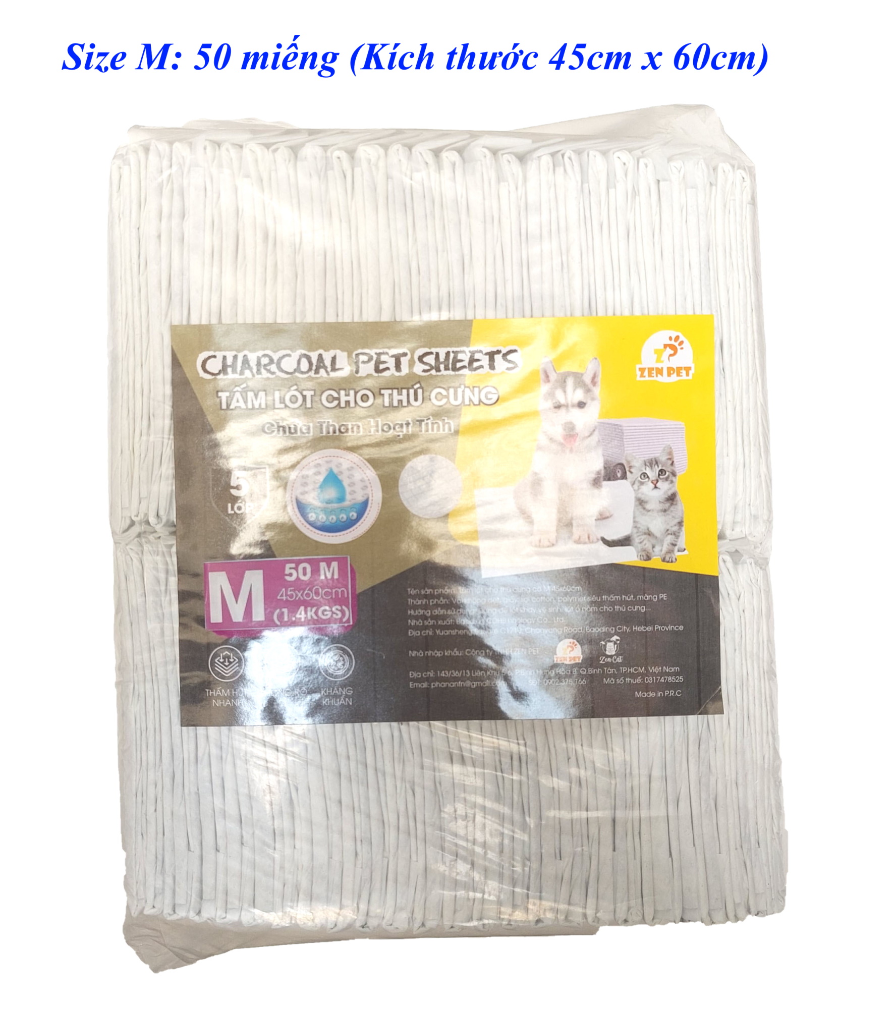 Tã lót chuồng cho Chó Mèo Chứa than hoạt tính Zen Pet Charcoal Pet Sheets 5 lớp Siêu thấm hút, khô thoáng, kháng khuẩn