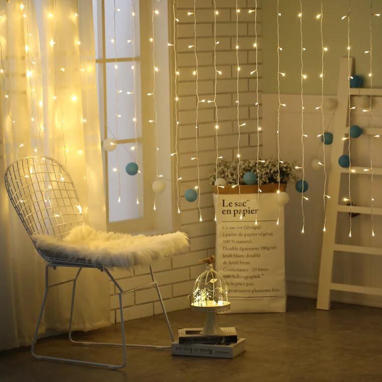 Bộ đèn rèm bóng led 8 chế độ nháy mành rộng 3 mét x cao 3 mét cắm điện trang trí nhà cửa, tiệc cưới