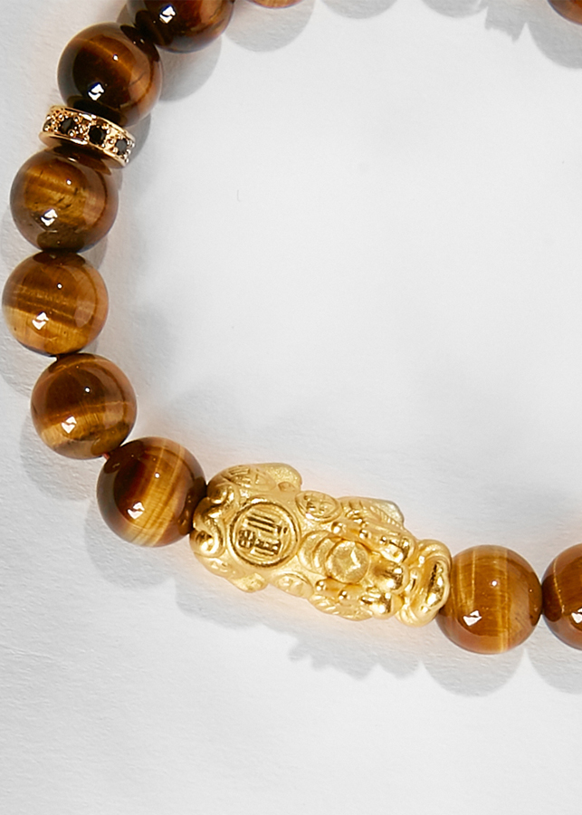 Vòng tay đá mắt hổ charm tỳ hưu bạc bọc vàng 24k Ngọc Quý Gemstones