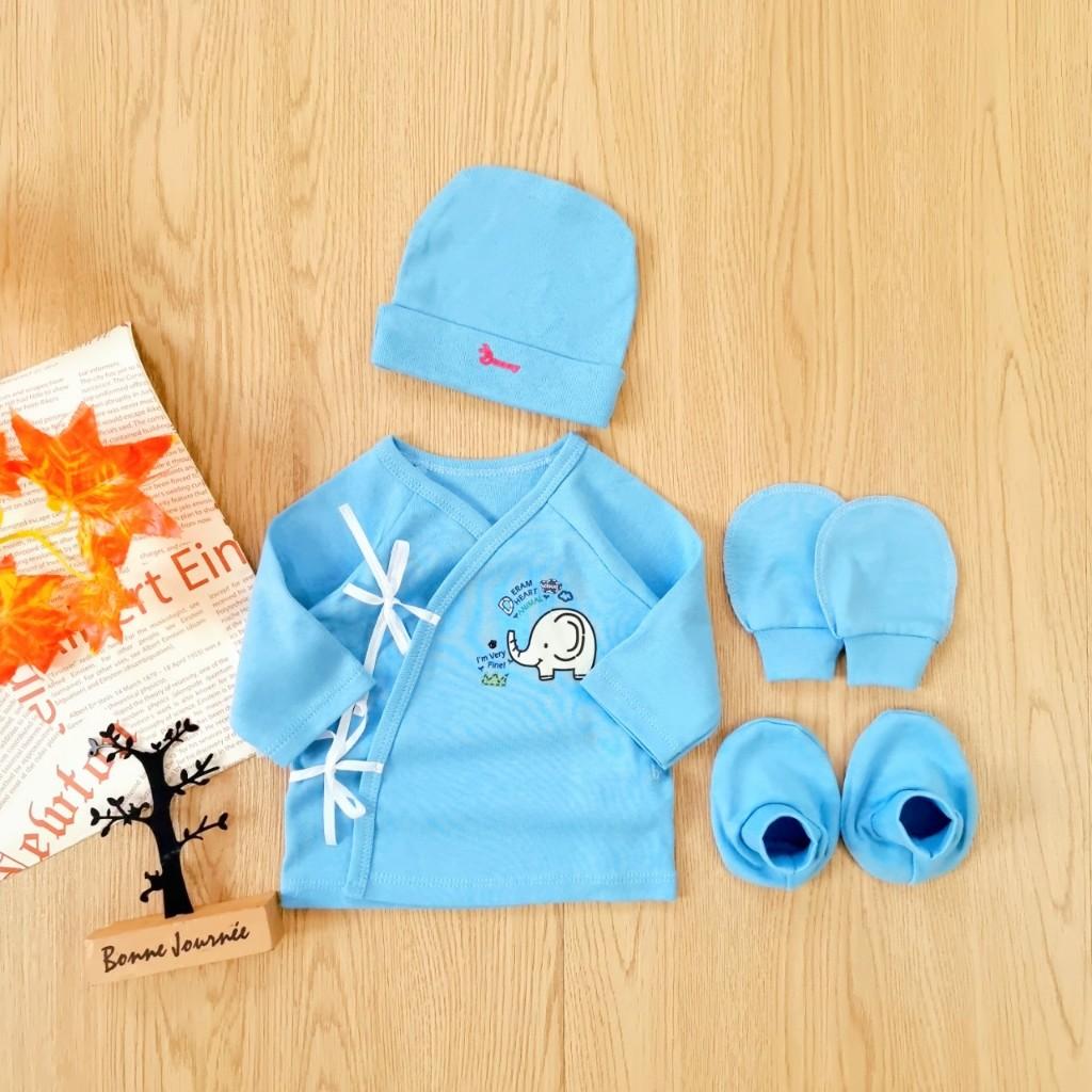 [Dưới 6kg] Set Áo Cột Dây Kèm Nón, Bao Tay Bao Chân Sơ Sinh Cho Bé - BunnyBaby