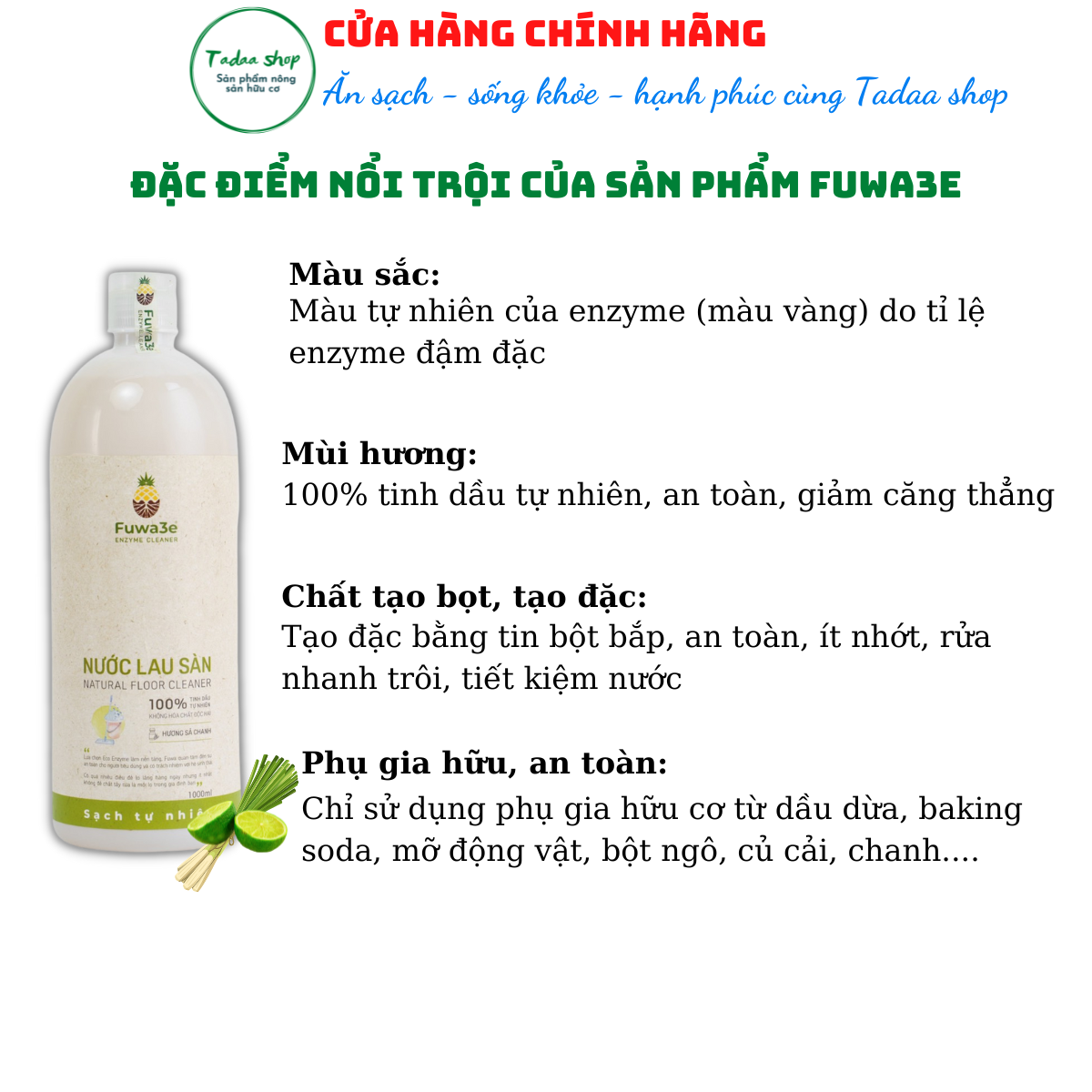 Nước lau sàn hữu cơ Fuwa3e hương sả chanh, sạch bóng thơm mát nhà cửa chai 1 Lit