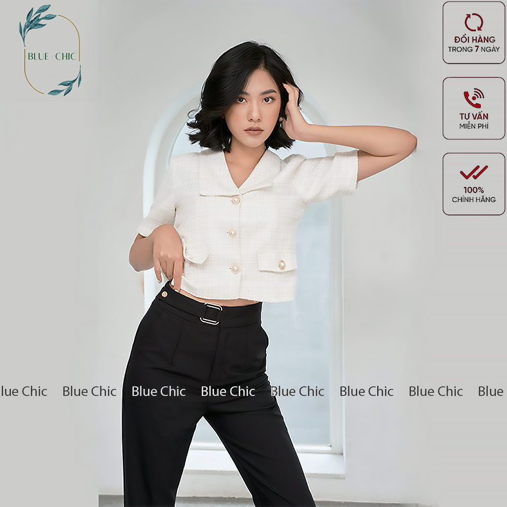 Quần baggy nữ Blue Chic đẹp chất vải cao cấp baggy công sở đai khuyên ô vuông vàng phong cách cá tính màu đen nâu